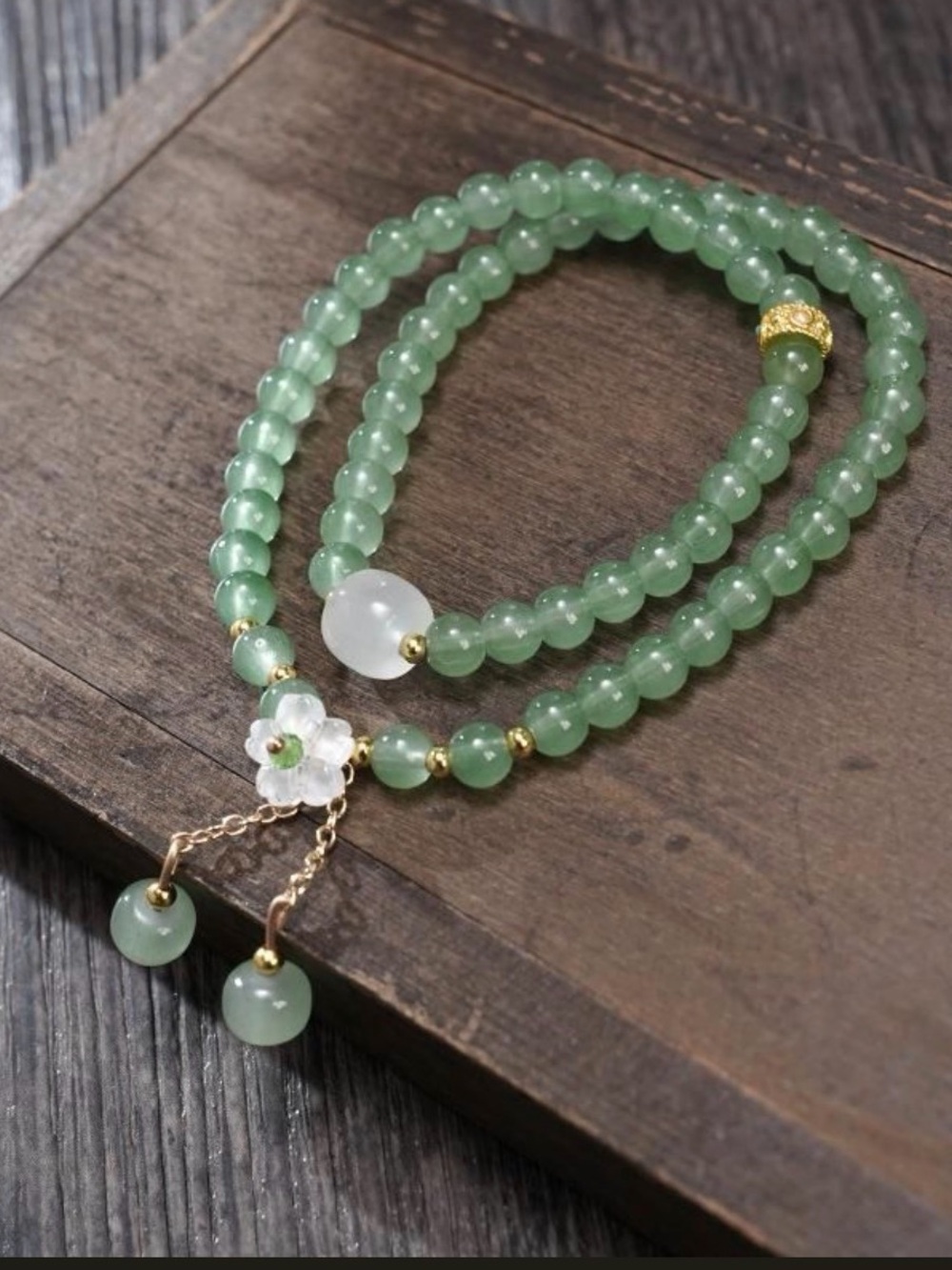 Jade Beaded Necklace with Floral Charm - Unbranded